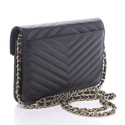 Chanel Goatskin Chevron Quilted Statement Wallet On Chain WOC Black 3 of 12