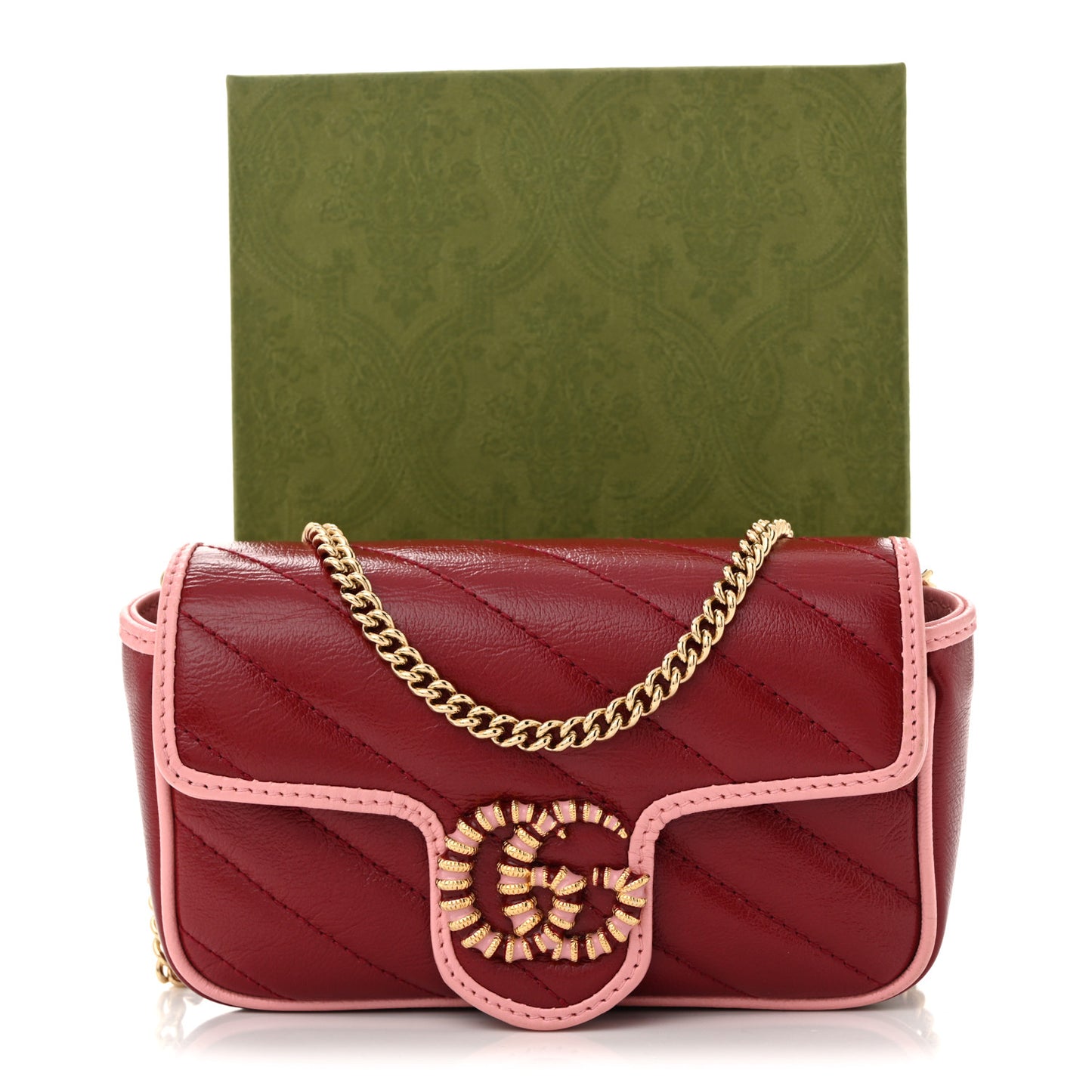Azalea Calfskin Enamel Matelasse Diagonal Super Mini Torchon GG Marmont Shoulder Bag New Cherry Red Wild Rose