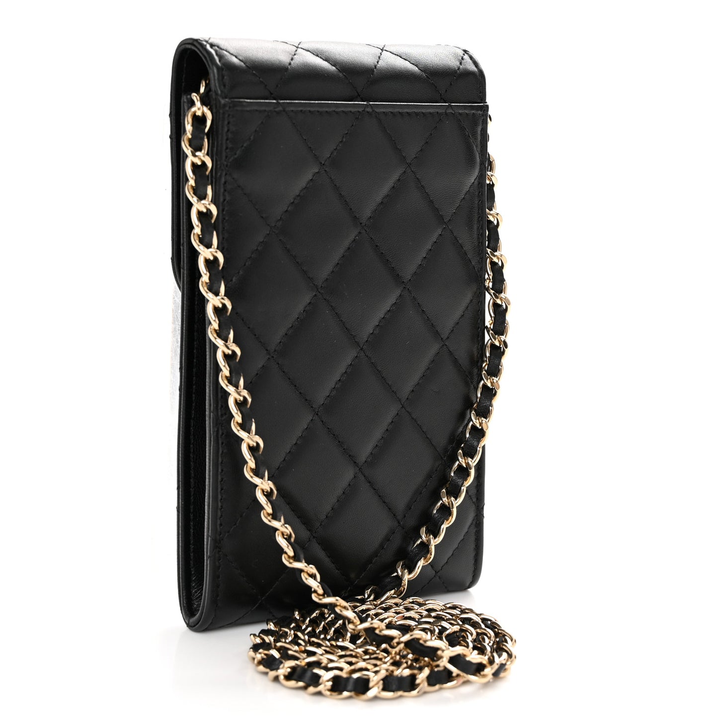 Lambskin Enamel Quilted Phone Holder With Chain Black