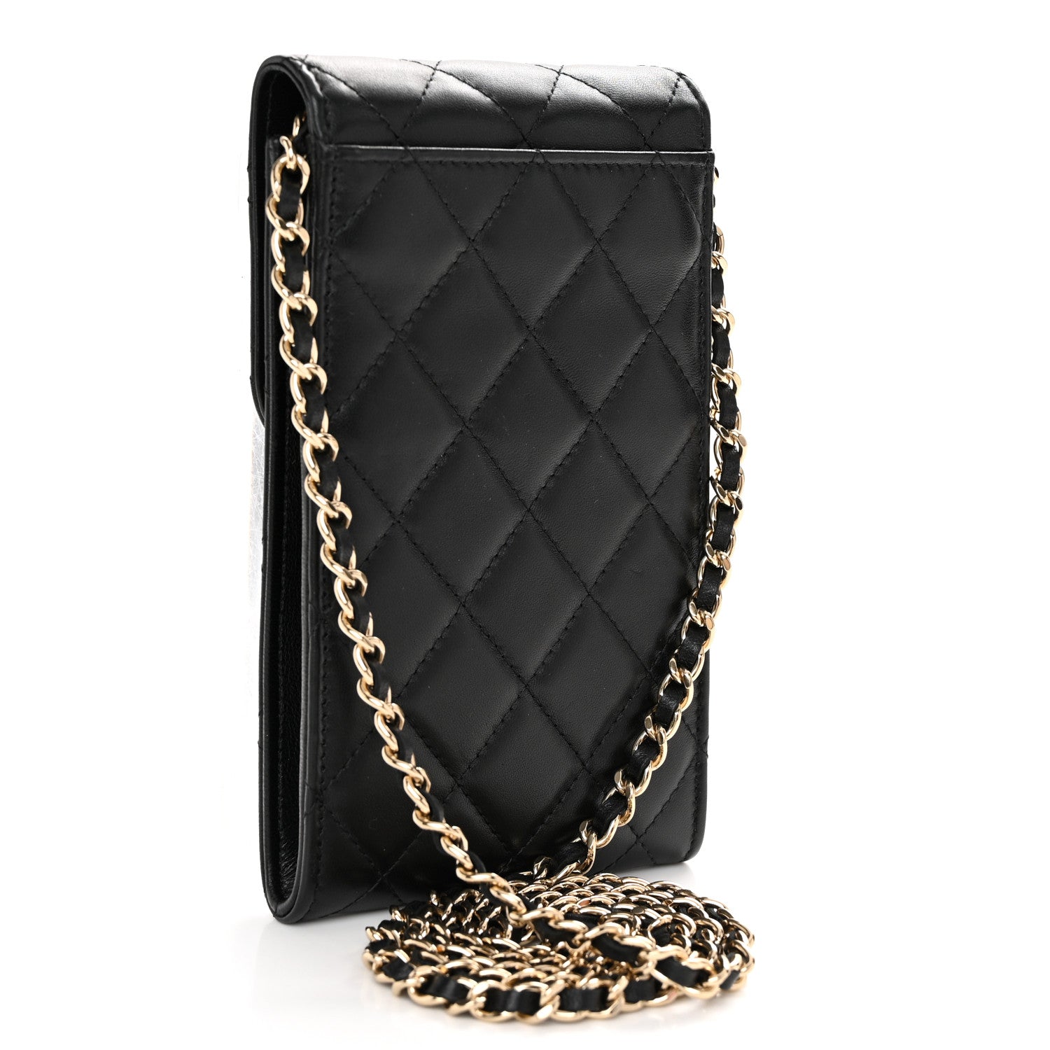 Chanel Lambskin Enamel Quilted Phone Holder With Chain Black 3 of 10