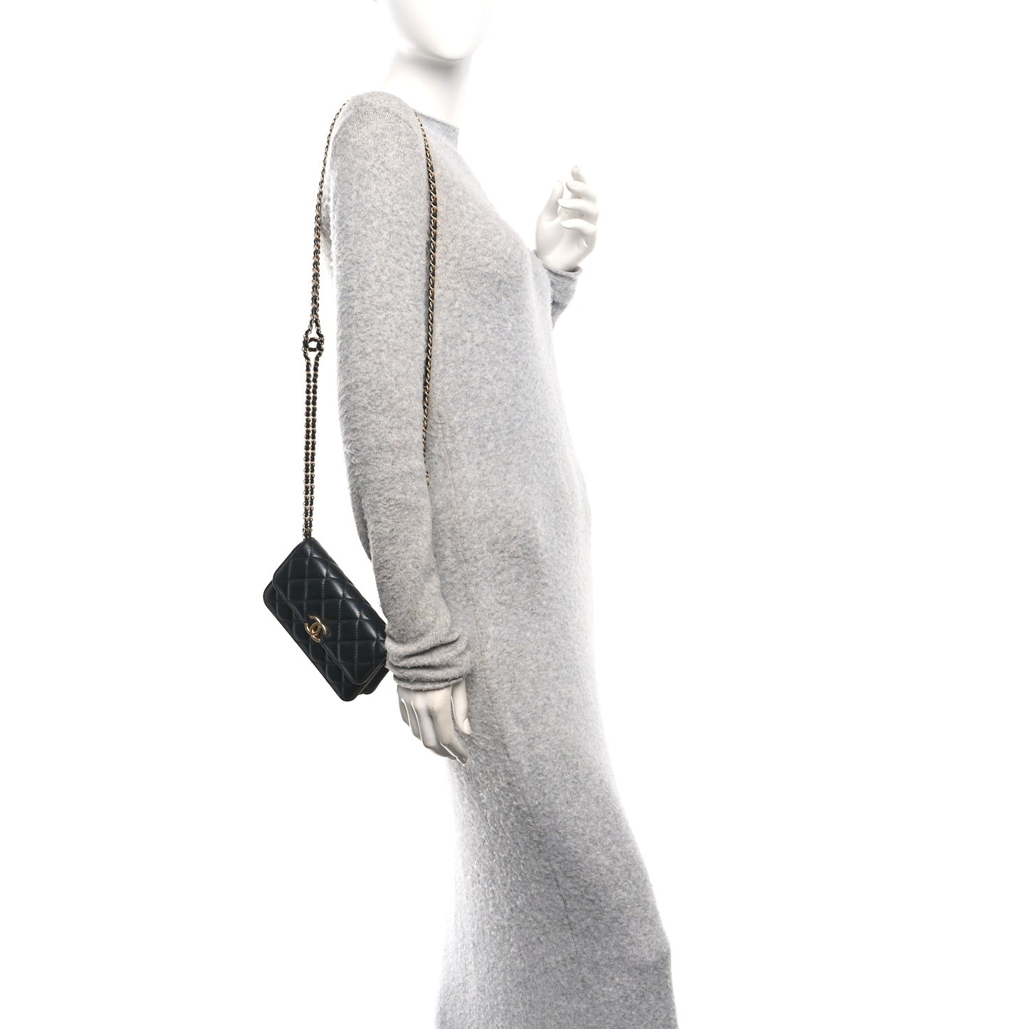 Lambskin Quilted Double Chain Flap Phone Holder With Chain Black