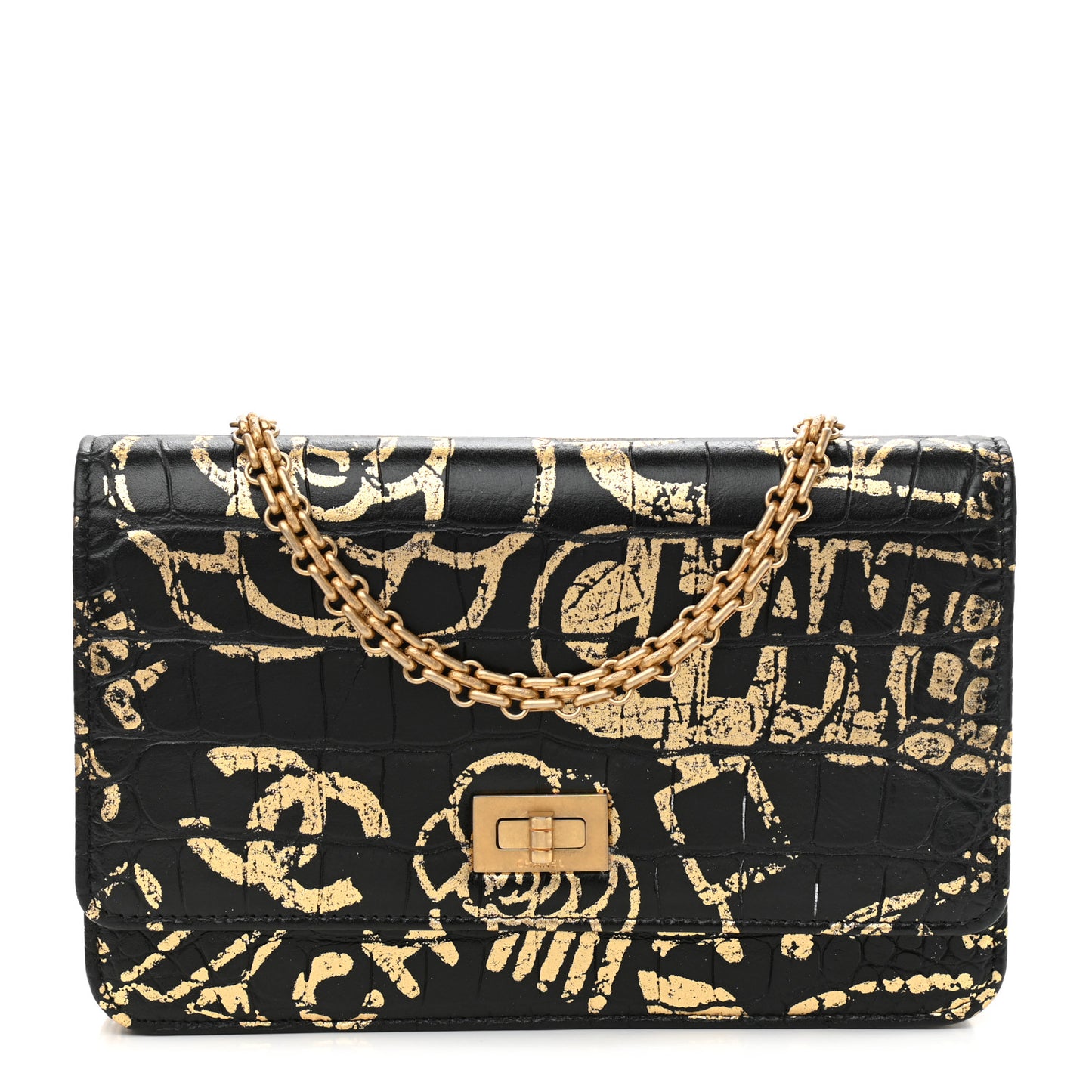 Calfskin Crocodile Embossed Graffiti 2.55 Cocodile Reissue Wallet On Chain WOC Black Gold