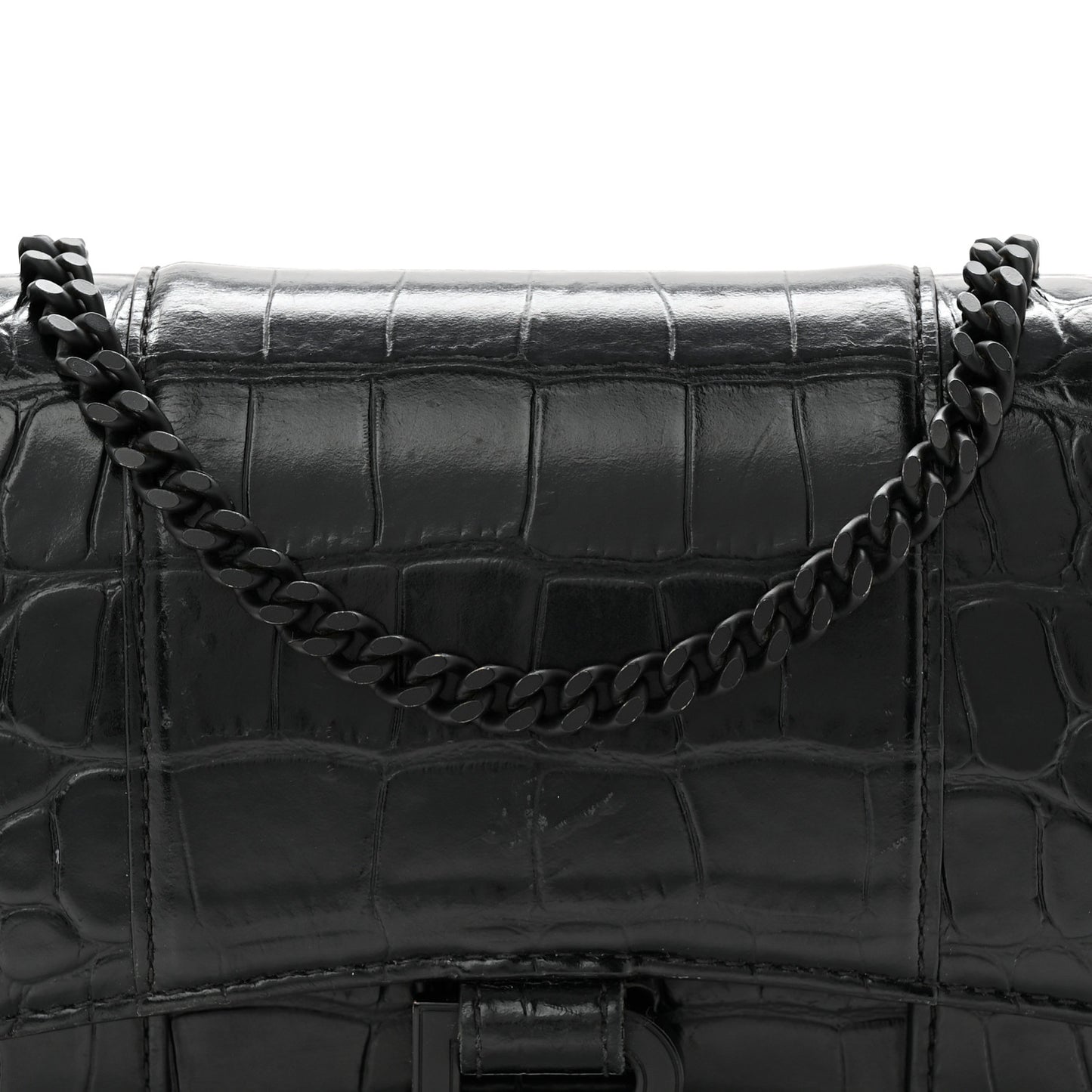 Shiny Calfskin Monochrome Crocodile Embossed Hourglass Chain Bag Black