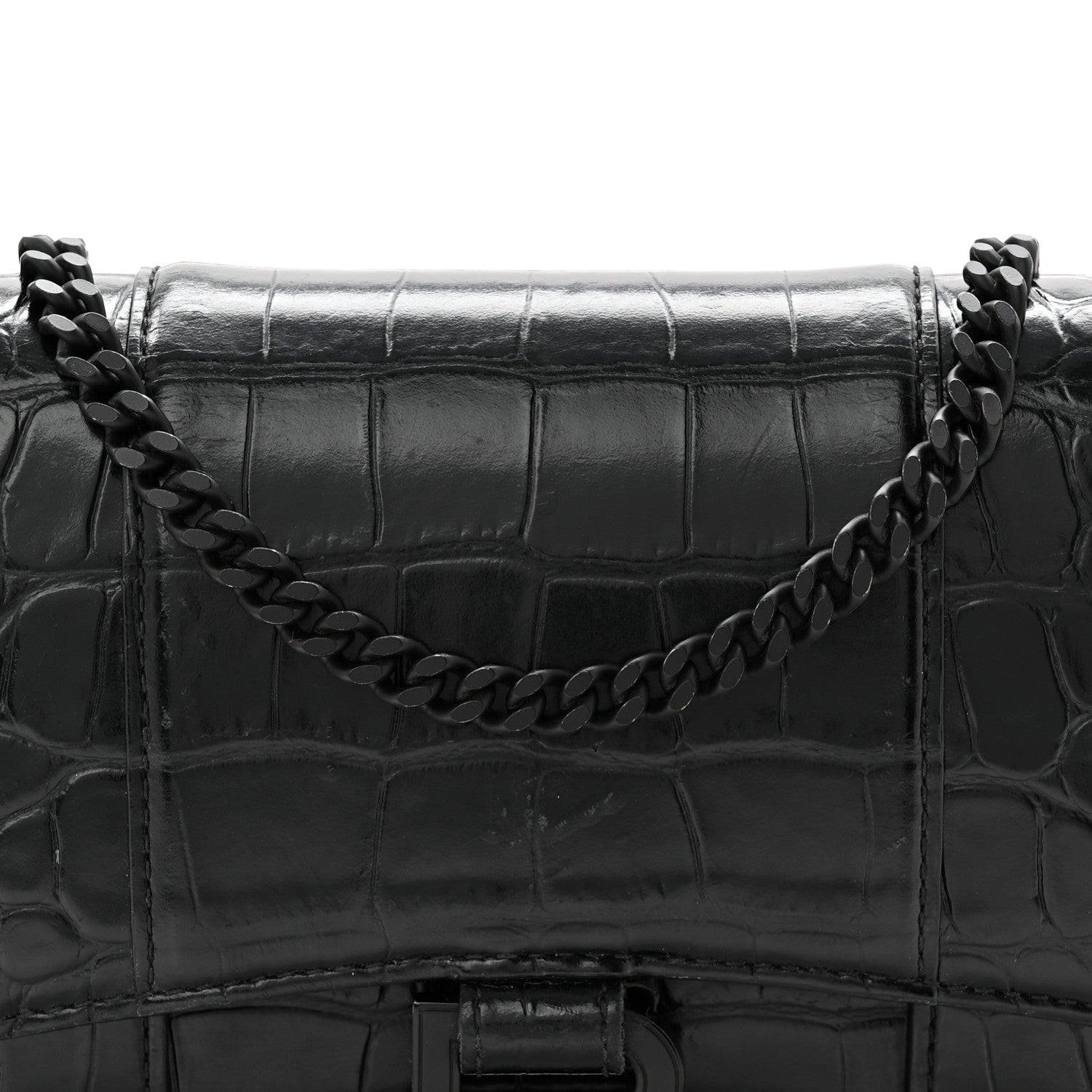 Balenciaga Shiny Calfskin Monochrome Crocodile Embossed Hourglass Chain Bag Black 7 of 9