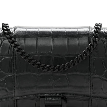Balenciaga Shiny Calfskin Monochrome Crocodile Embossed Hourglass Chain Bag Black 7 of 9