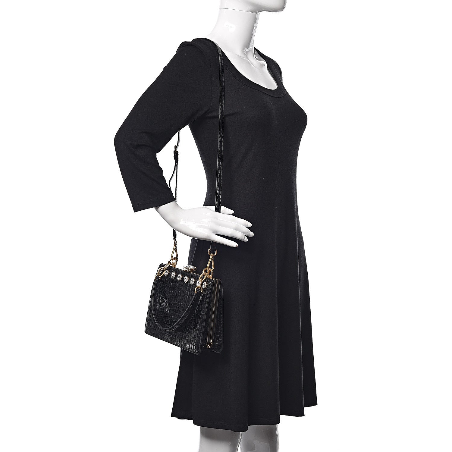 Miu Miu Calfskin Crocodile Embossed Crystal Embellished Solitaire Bag Black 2 of 9