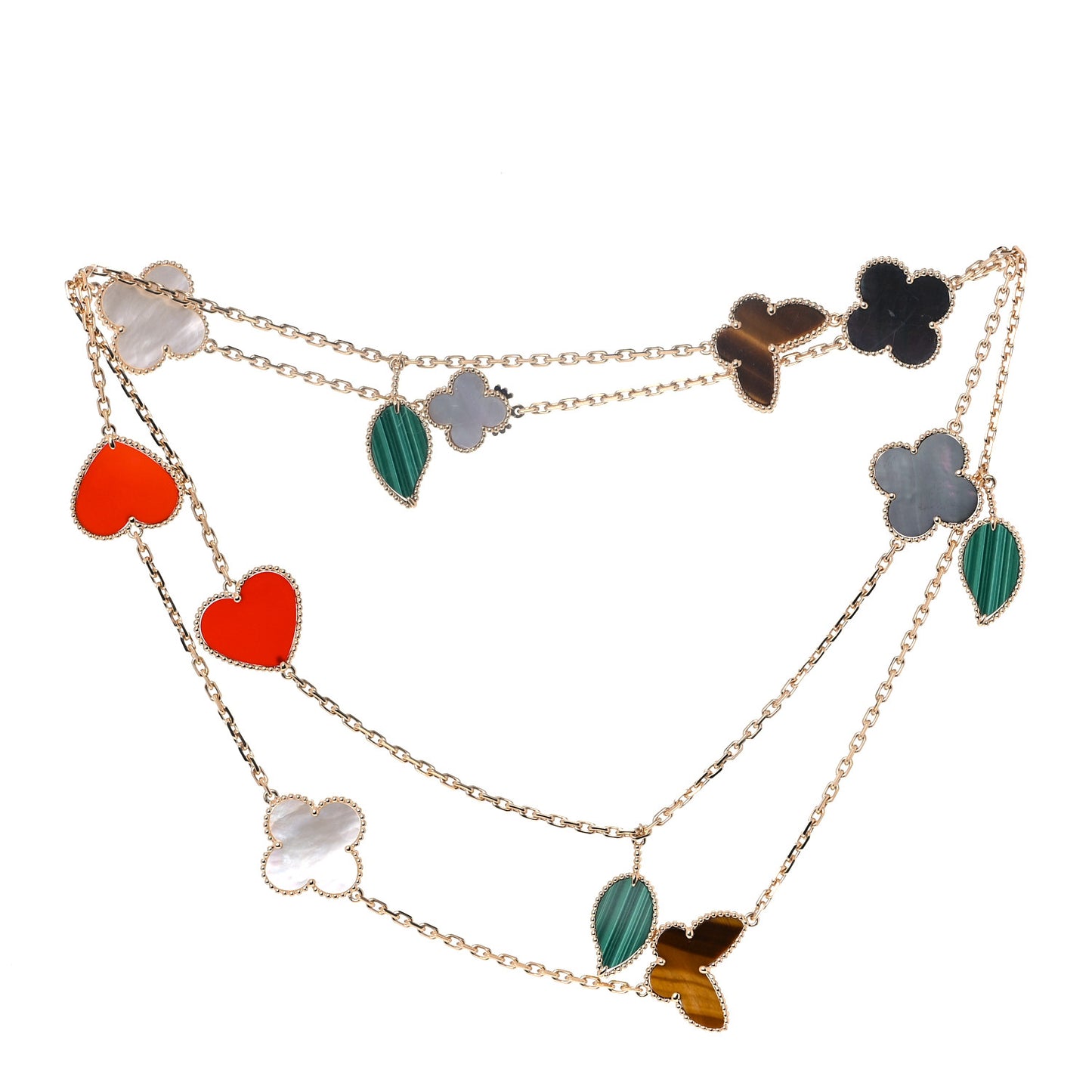 18K Yellow Gold Mother of Pearl Malachite Carnelian Tiger Eye 12 Motif Lucky Alhambra Necklace