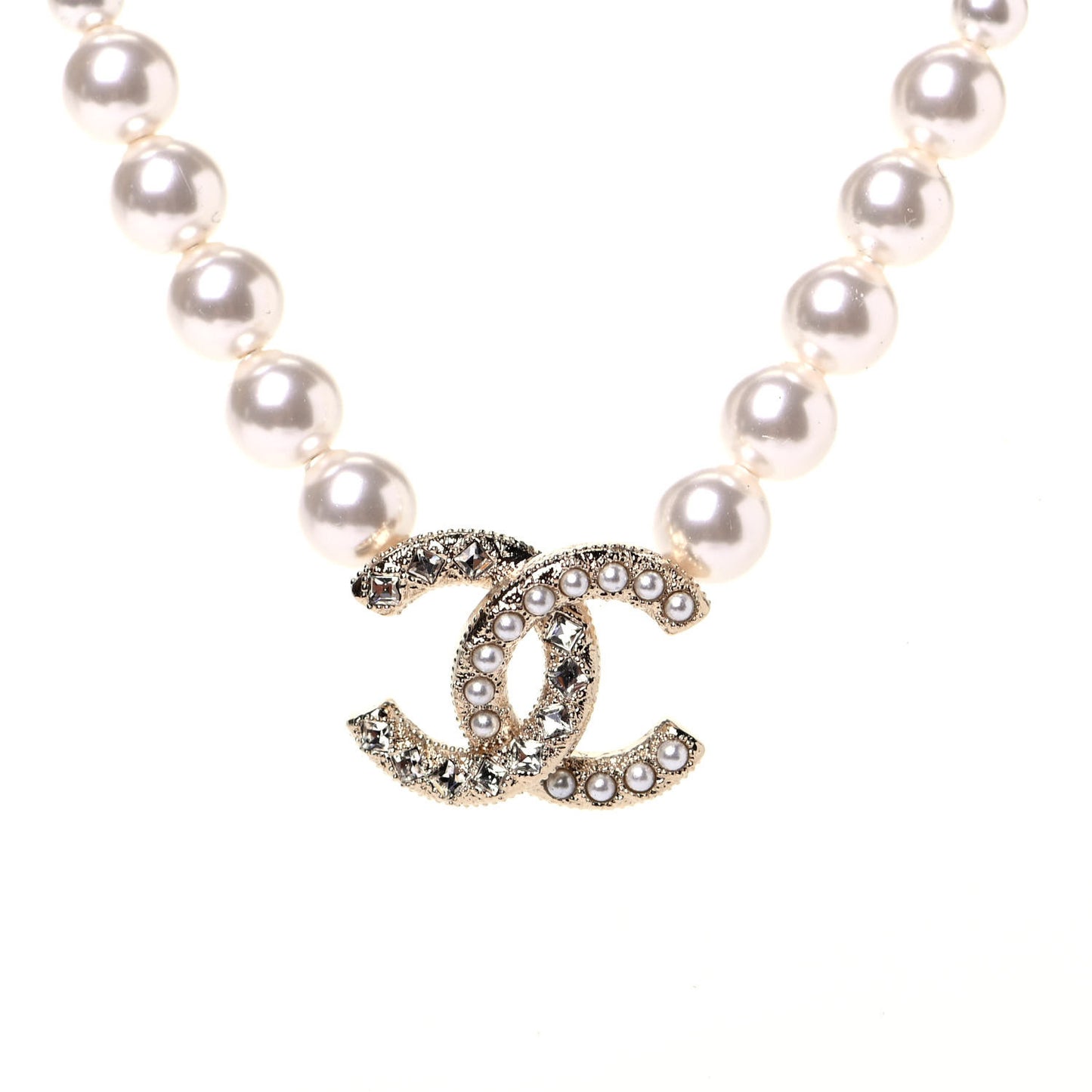 Pearl Crystal Chain CC Necklace Gold