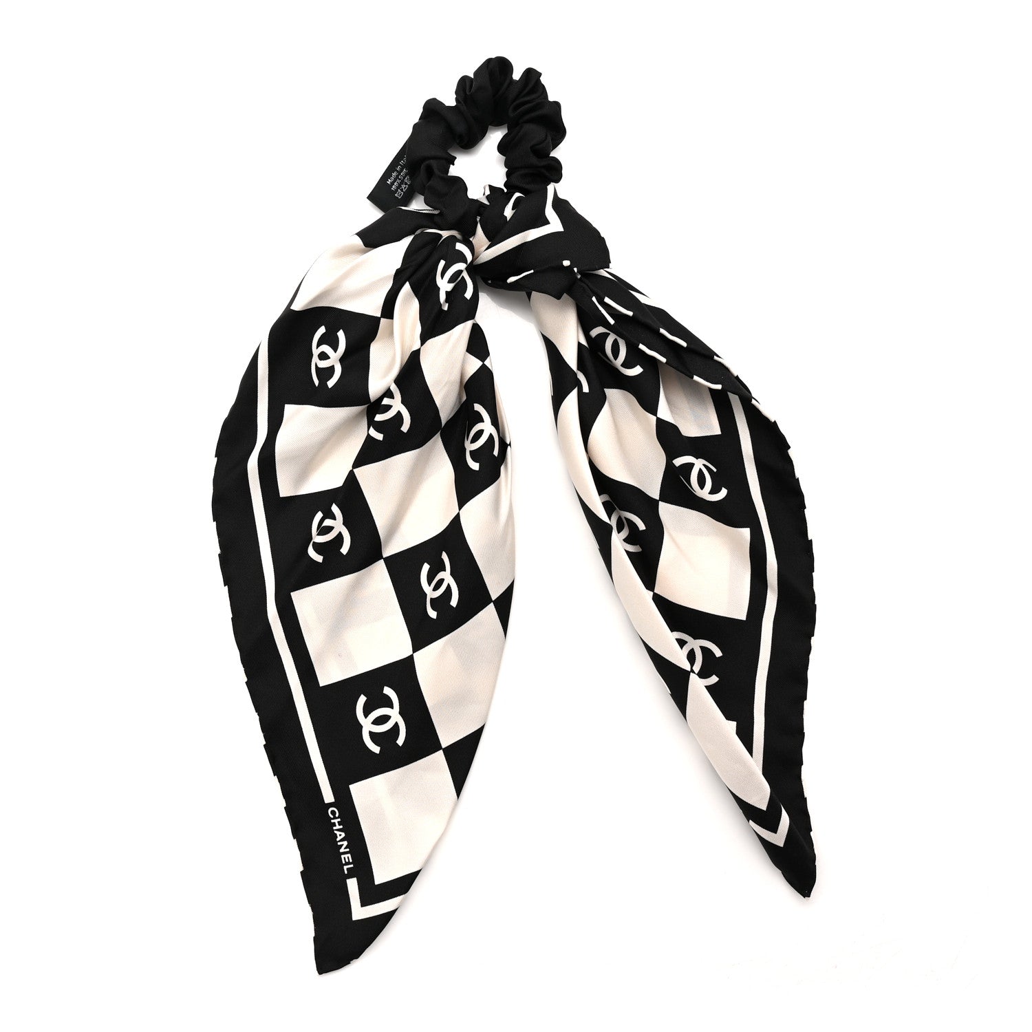 C*)様 国内正規✨CHANEL シルク チェック柄 スカーフ ヘアゴムセット Chanel Silk CC Scrunchie and Scarf Hair Tie Set White Black