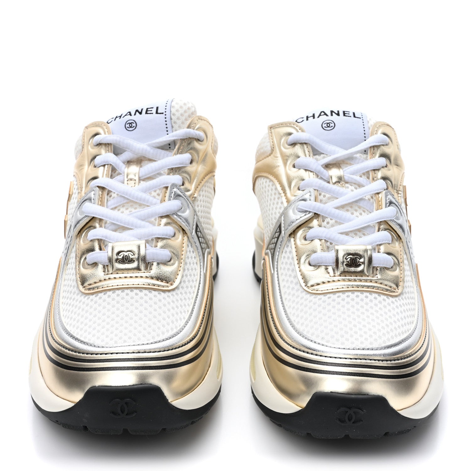 Chanel Fabric Laminated Calfskin Stretch CC Womens Sneakers 36 White Gold Silver 2 of 10