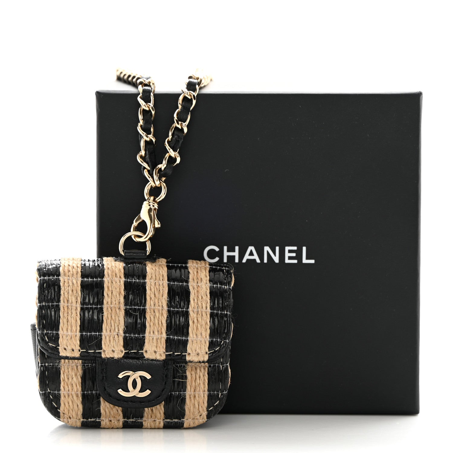 Chanel Raffia Jute Striped Airpods Pro Case Black Beige 11 of 11