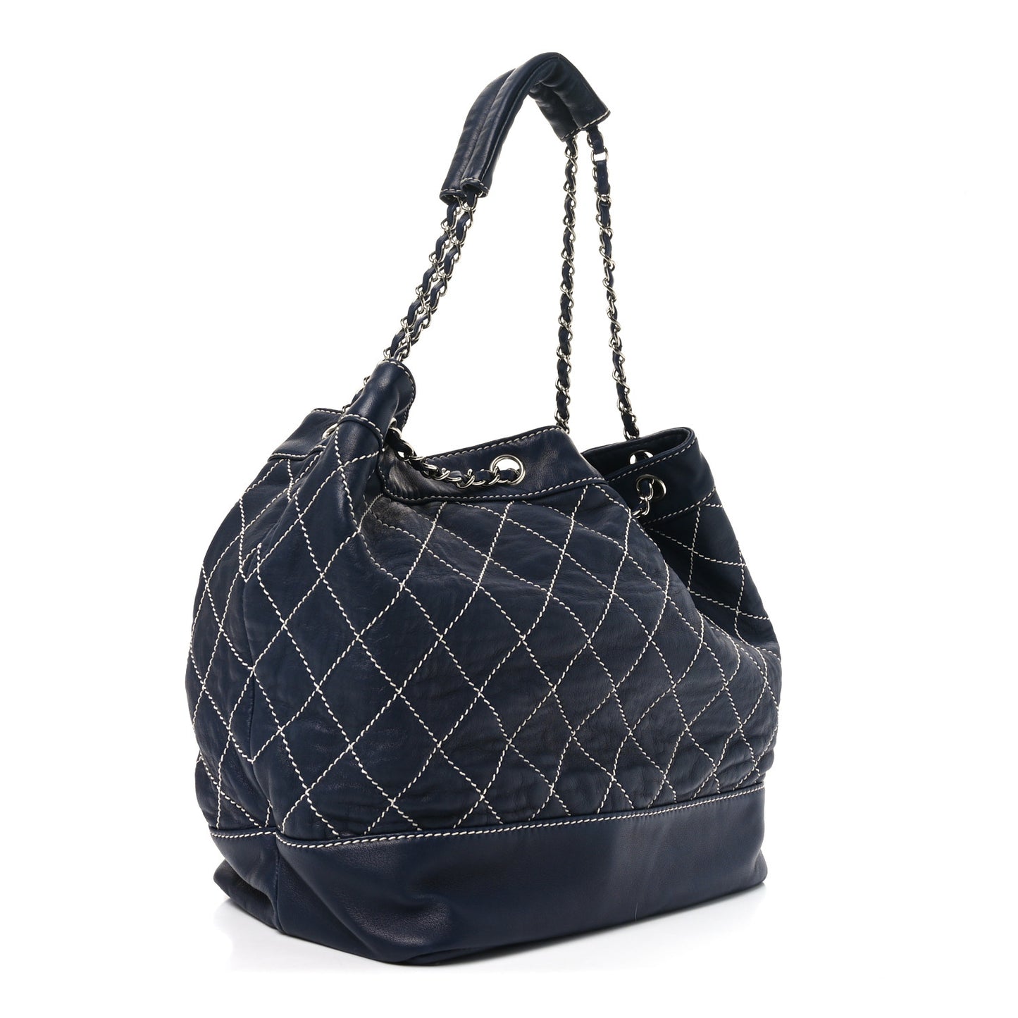 Calfskin Contrast Stitch Surpique Bucket Bag Navy