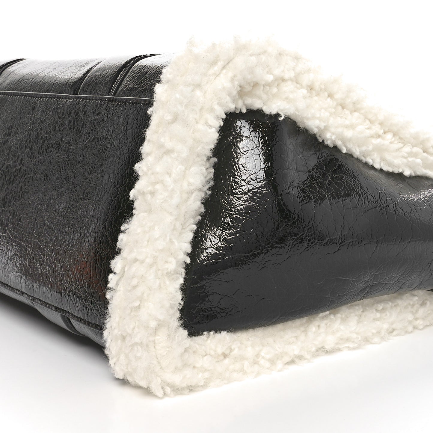Shiny Calfskin Faux Shearling Large The Traveler Tote Bag Black