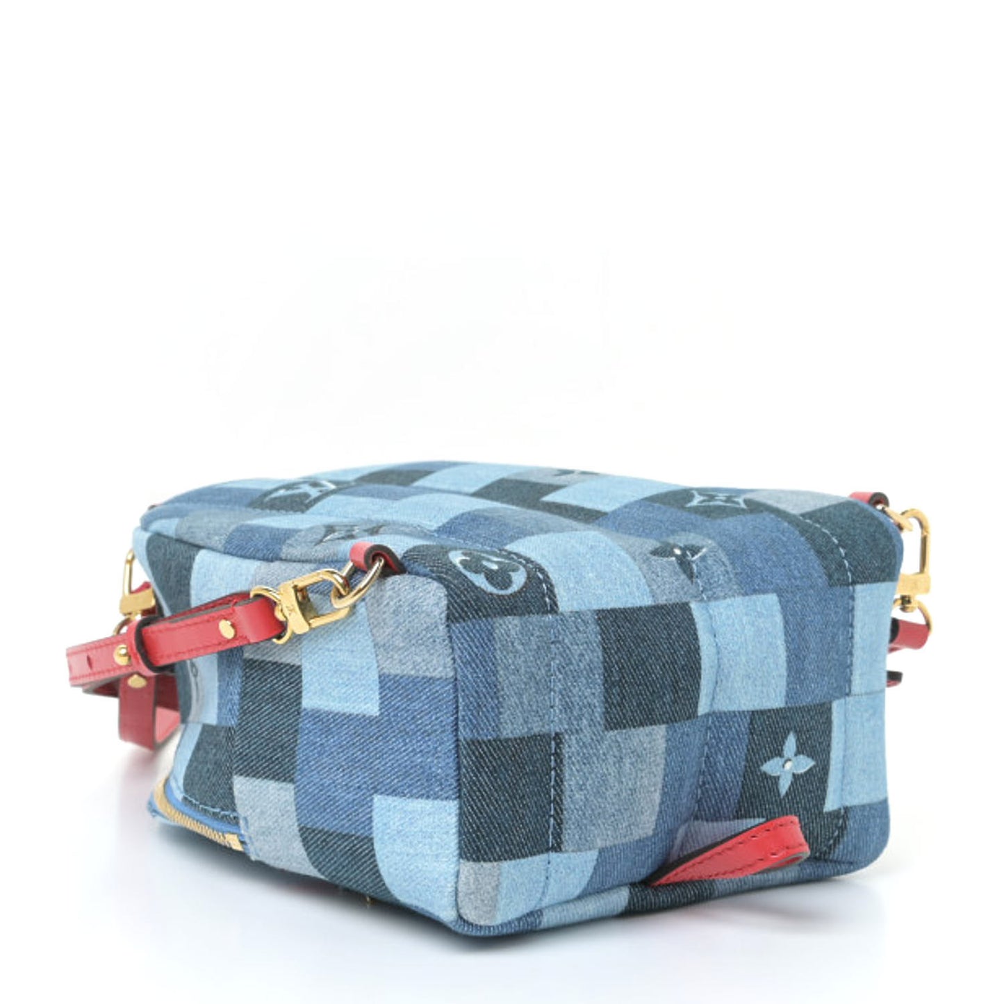 Denim Damier Monogram Patchwork Palm Springs Backpack Mini Blue Rouge