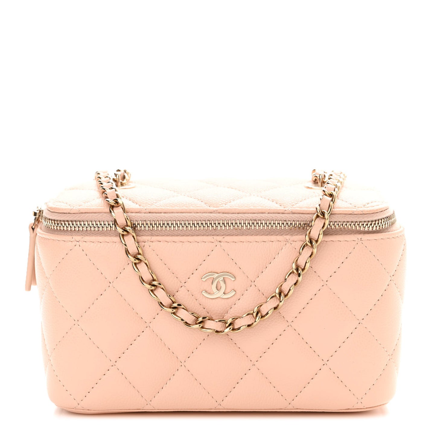 Caviar Quilted Small Vanity Case With Chain Light Beige