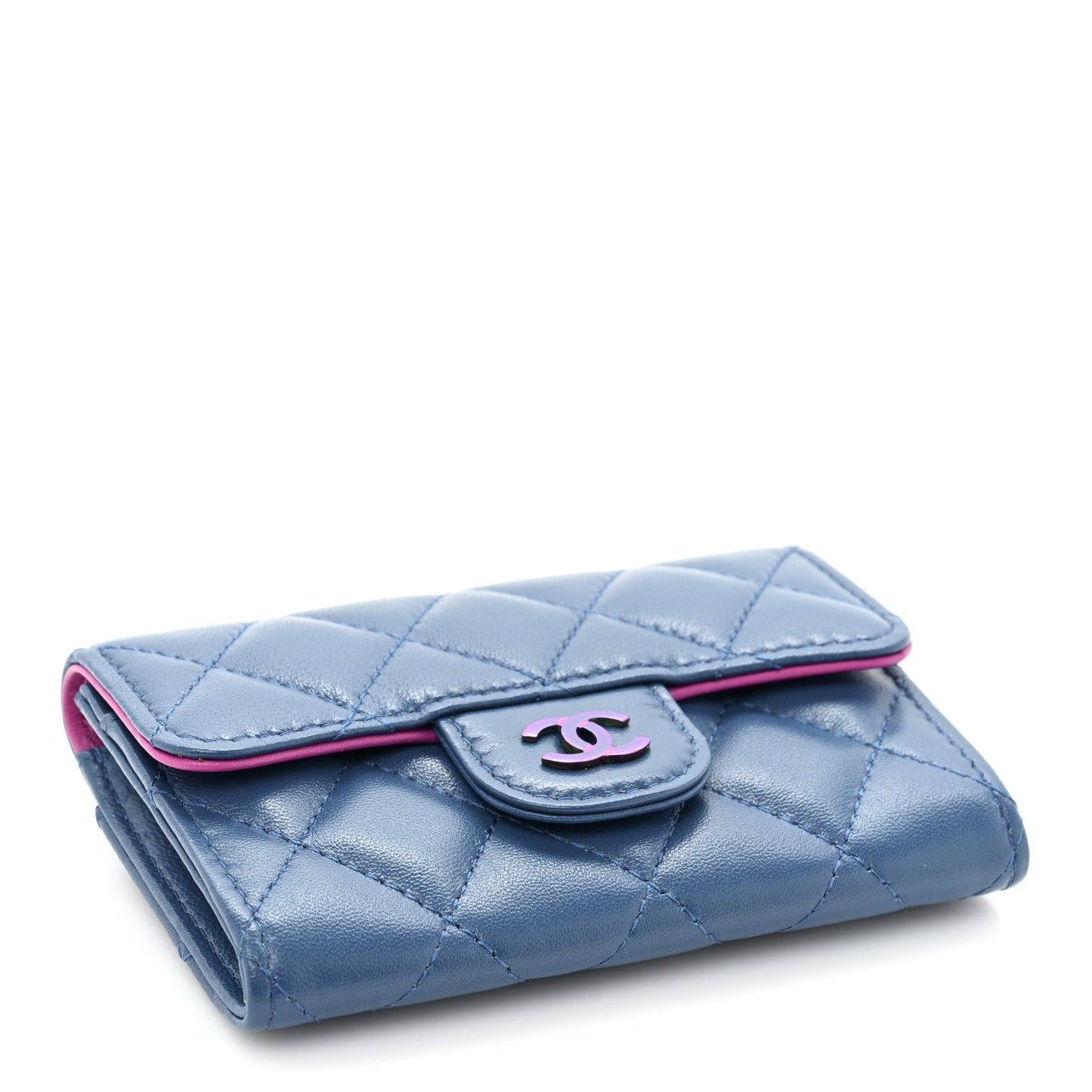 Lambskin Quilted Flap Card Holder Wallet Blue Pink
