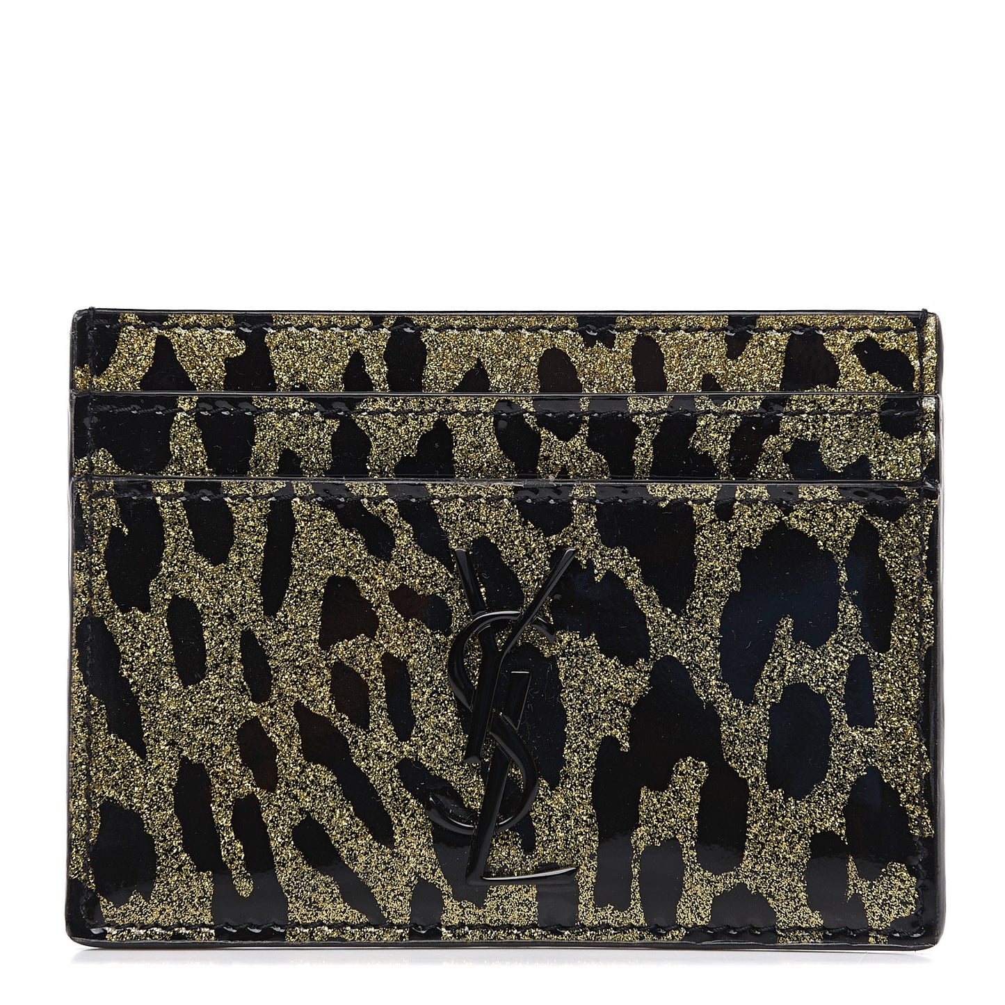 Patent Glitter Leopard Monogram Credit Card Case Black Multi