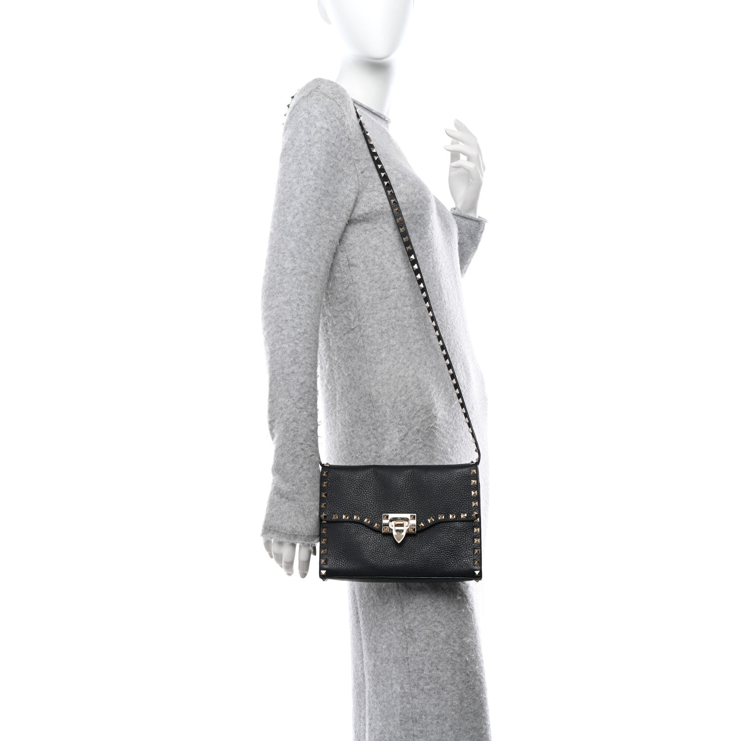 Valentino Garavani VALENTINO GARAVANI Pebbled Calfskin Medium Rockstud Flip Lock Crossbody Bag Black 2 of 10