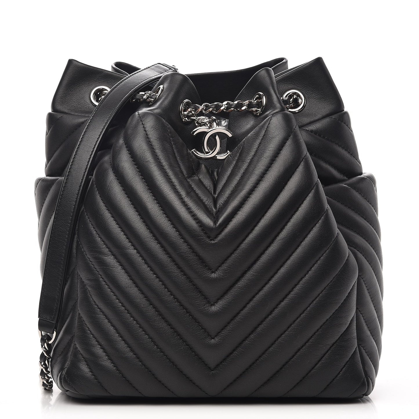 Lambskin Chevron Small Urban Spirit Drawstring Bag Black