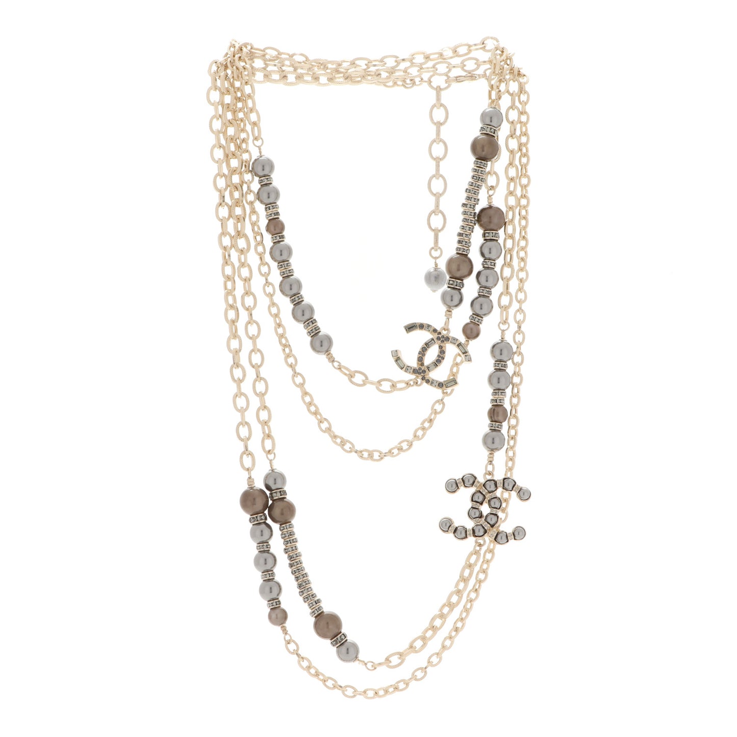 Pearl Crystal Nefertiti CC Long Necklace Gold Grey