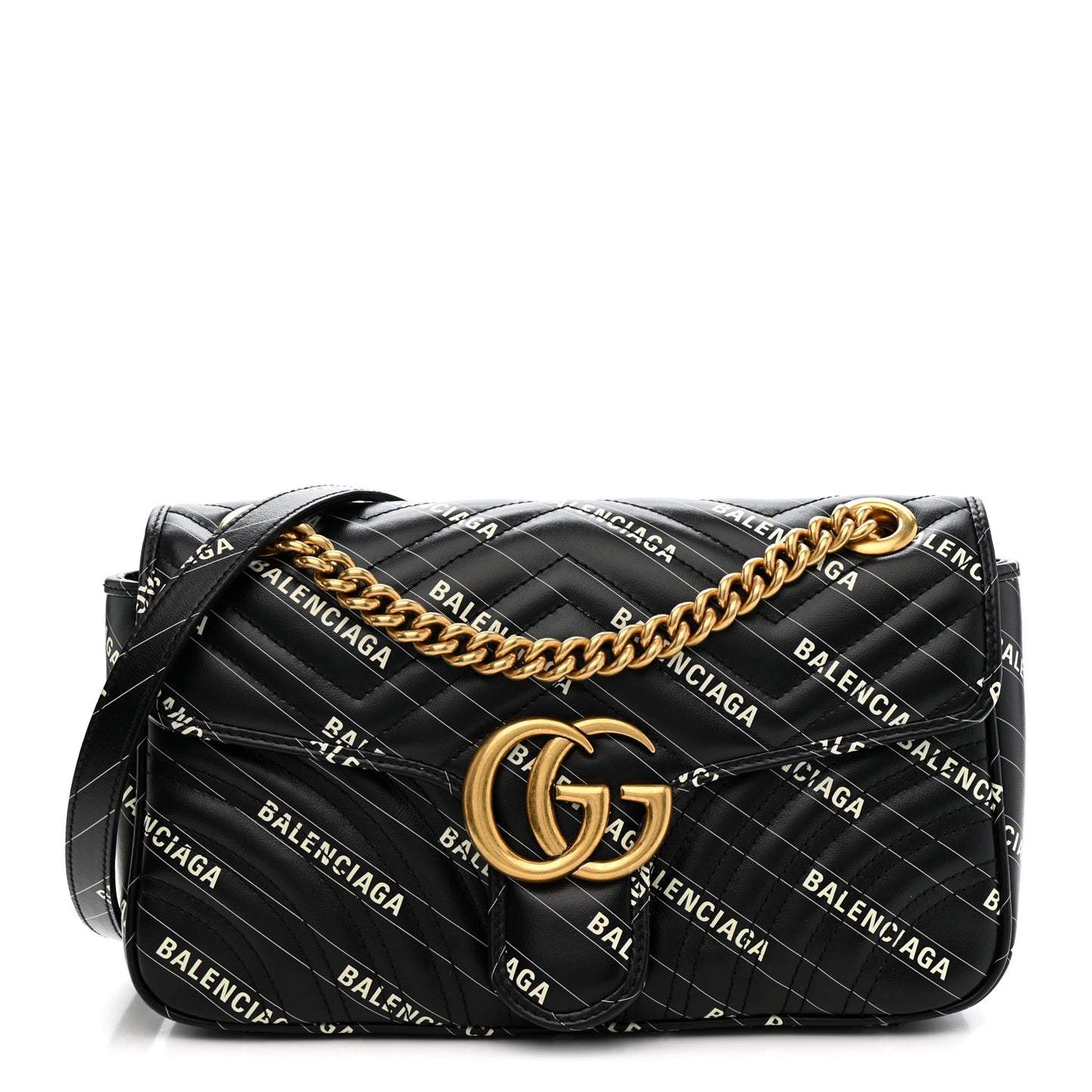 X BALENCIAGA Calfskin Matelasse Logo Print Small GG Marmont Shoulder Bag Black