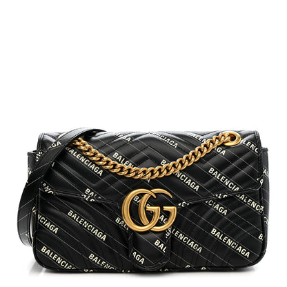 Gucci X BALENCIAGA Calfskin Matelasse Logo Print Small GG Marmont Shoulder Bag Black 1 of 11