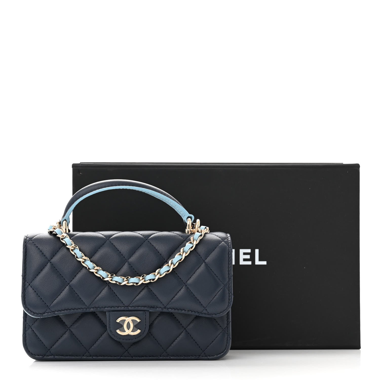 Chanel Lambskin Quilted Flap Phone Holder With Chain Dark Blue Light Blue 12 of 12
