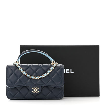 Chanel Lambskin Quilted Flap Phone Holder With Chain Dark Blue Light Blue 12 of 12