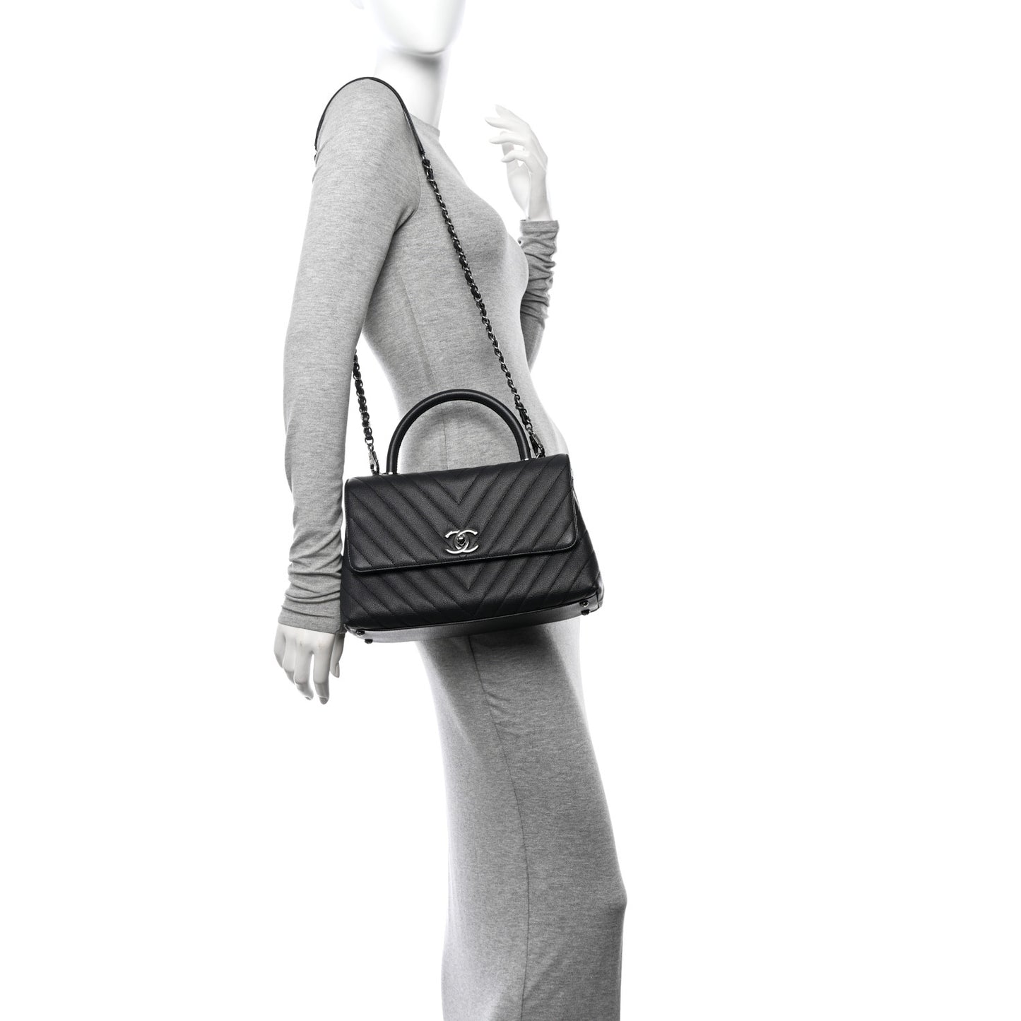 Caviar Chevron Quilted Small Coco Handle Flap Dark Grey