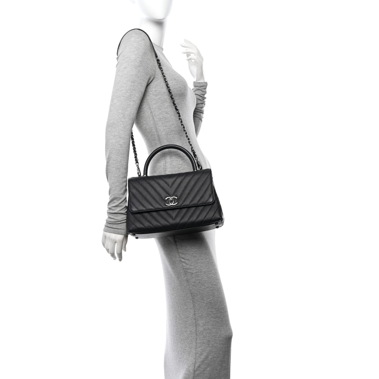 Chanel Caviar Chevron Quilted Small Coco Handle Flap Dark Grey 2 of 12