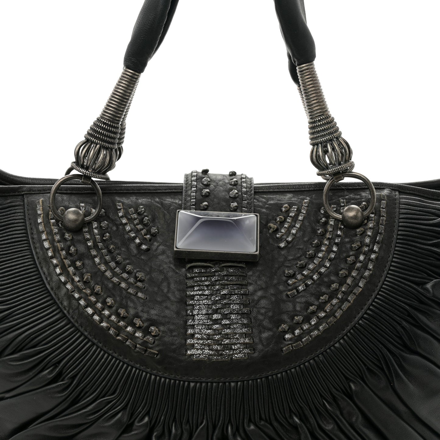 Lambskin Plisse Pleated Basket Tote Bag Black