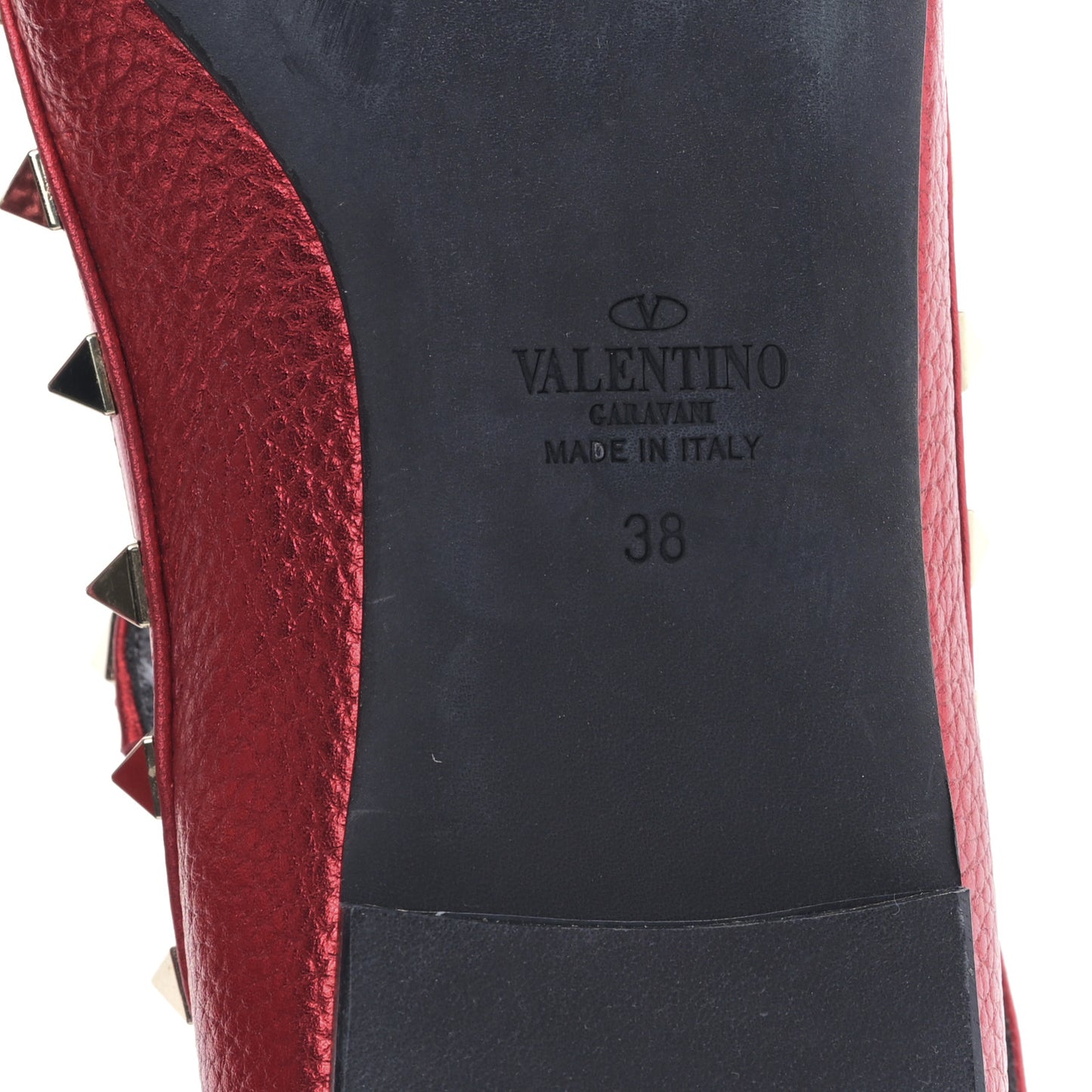 Metallic Pebbled Calfskin Rockstud Cage Ballerina Flats 38 Rosso Valentino