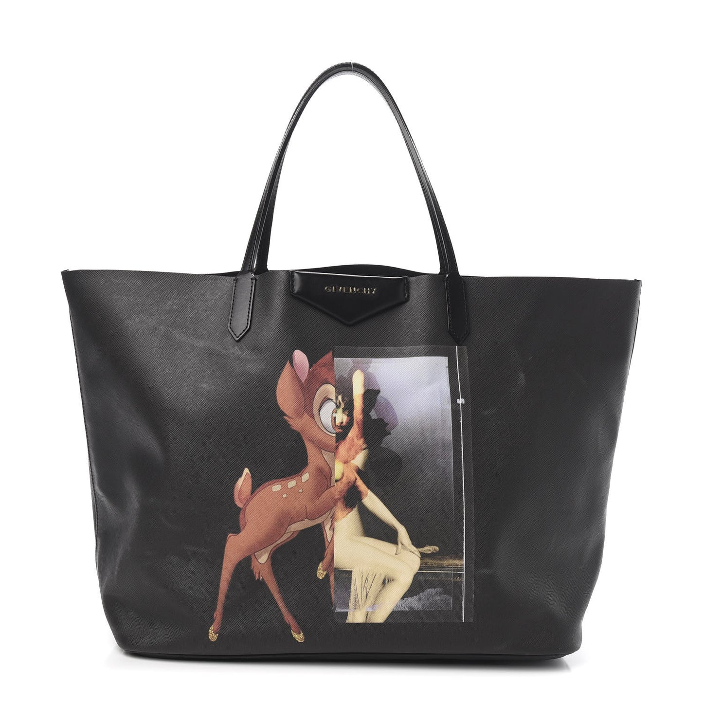 Textured Coated Canvas Bambi Print Large Antigona Tote Black