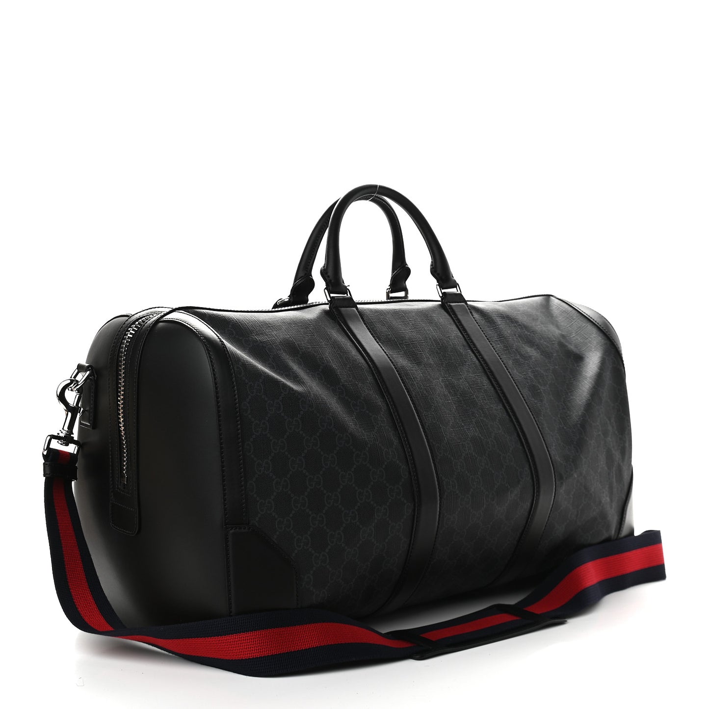 Soft GG Supreme Monogram Appia Calfskin Web Large Carry On Duffle Bag Black Grey