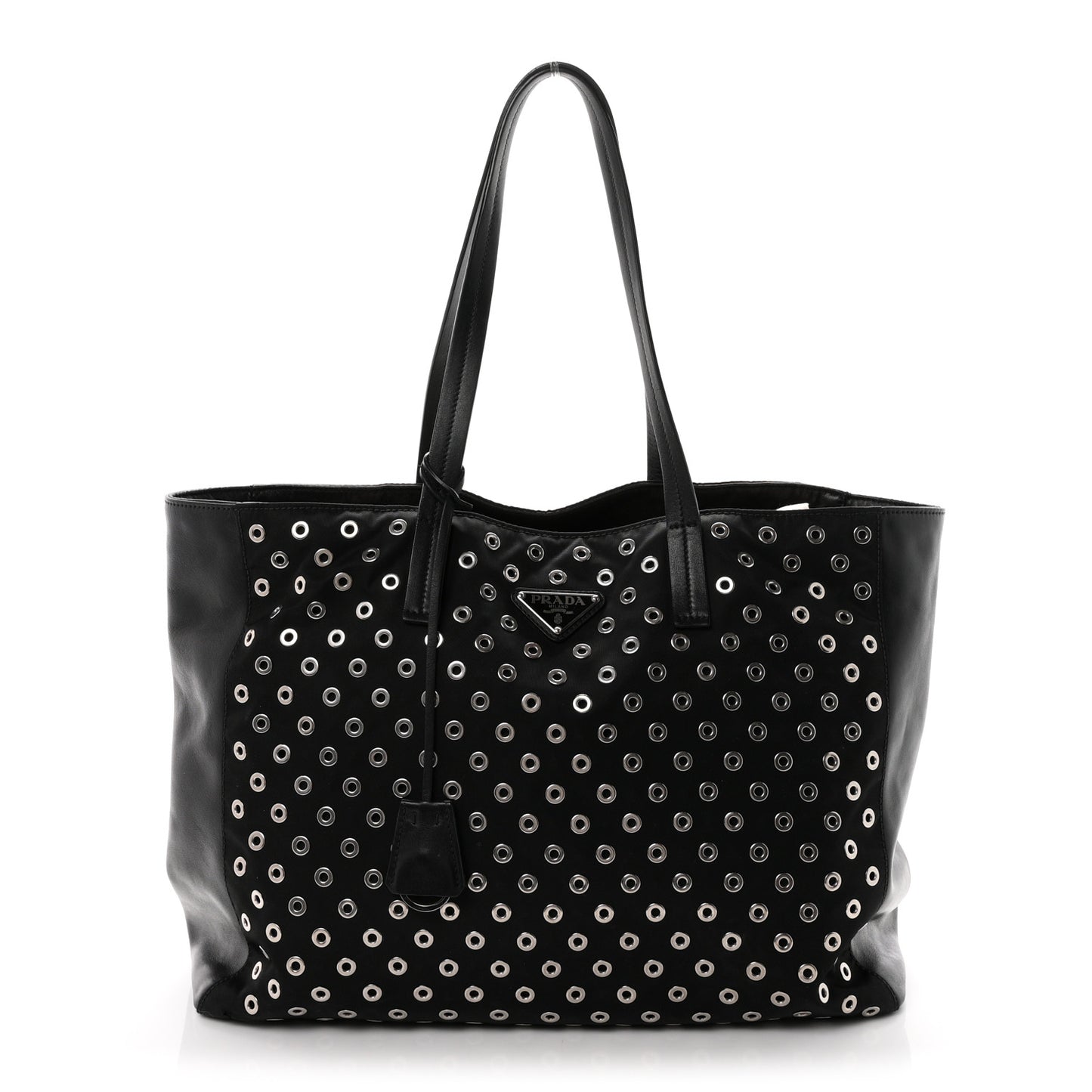 Tessuto Nylon Calfskin Grommet Tote Black