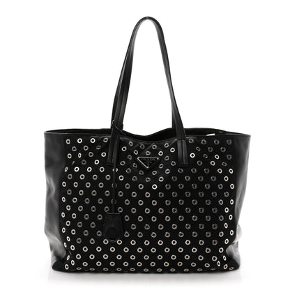 Prada Tessuto Nylon Calfskin Grommet Tote Black 1 of 9