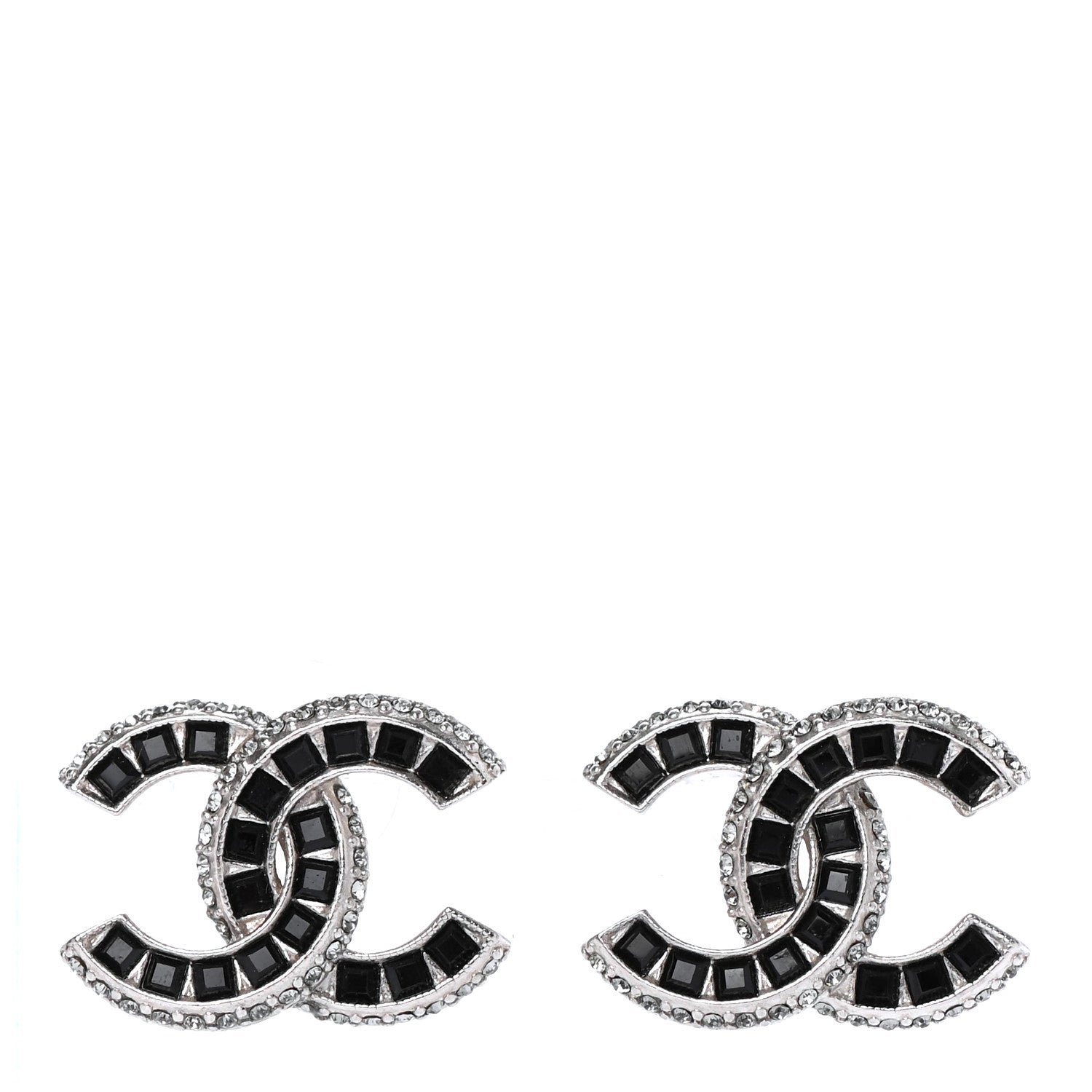 Chanel Baguette Crystal CC Earrings Silver Black 1 of 4