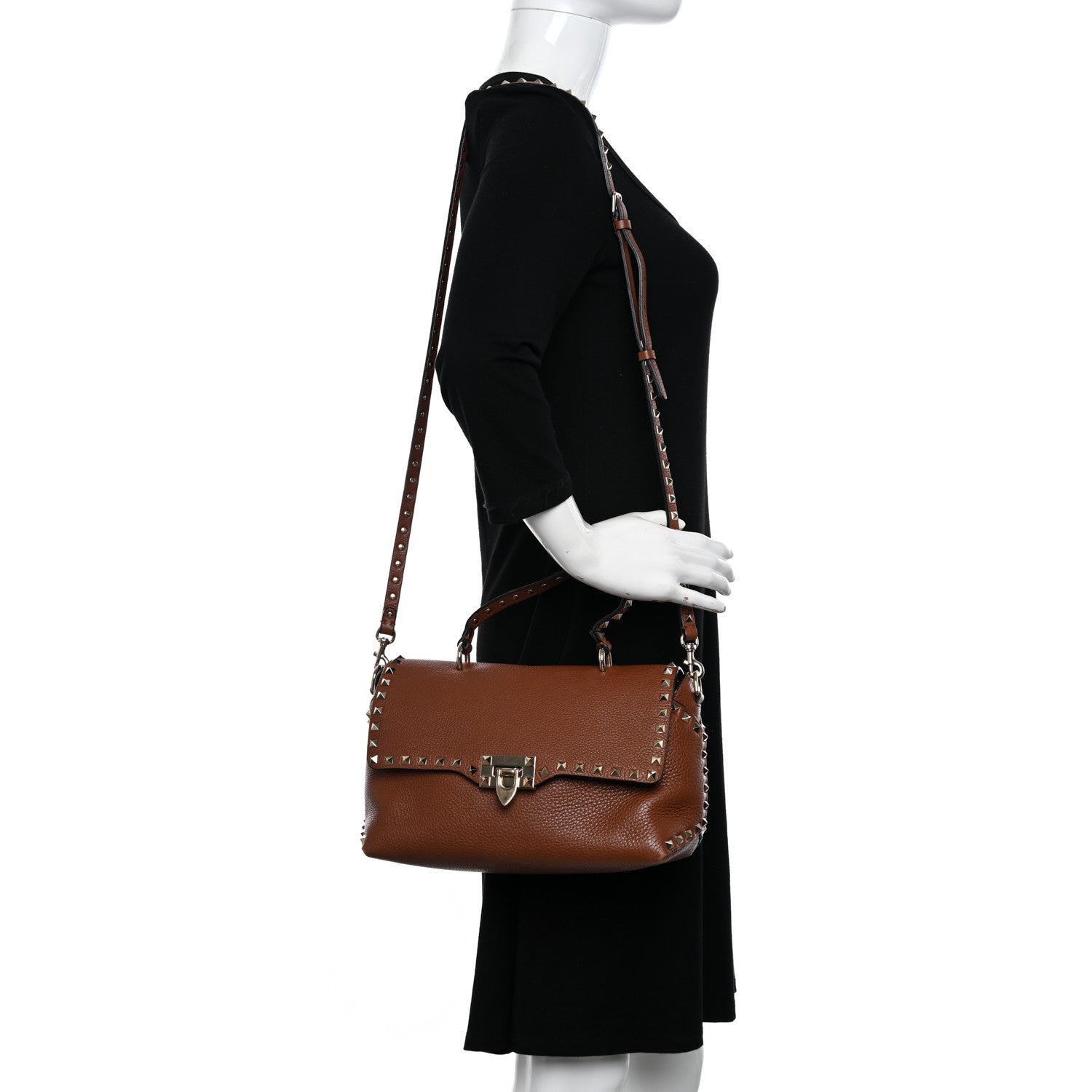 Valentino Garavani Pebbled Calfskin Medium Rockstud Top Handle Shoulder Bag Cognac 2 of 12