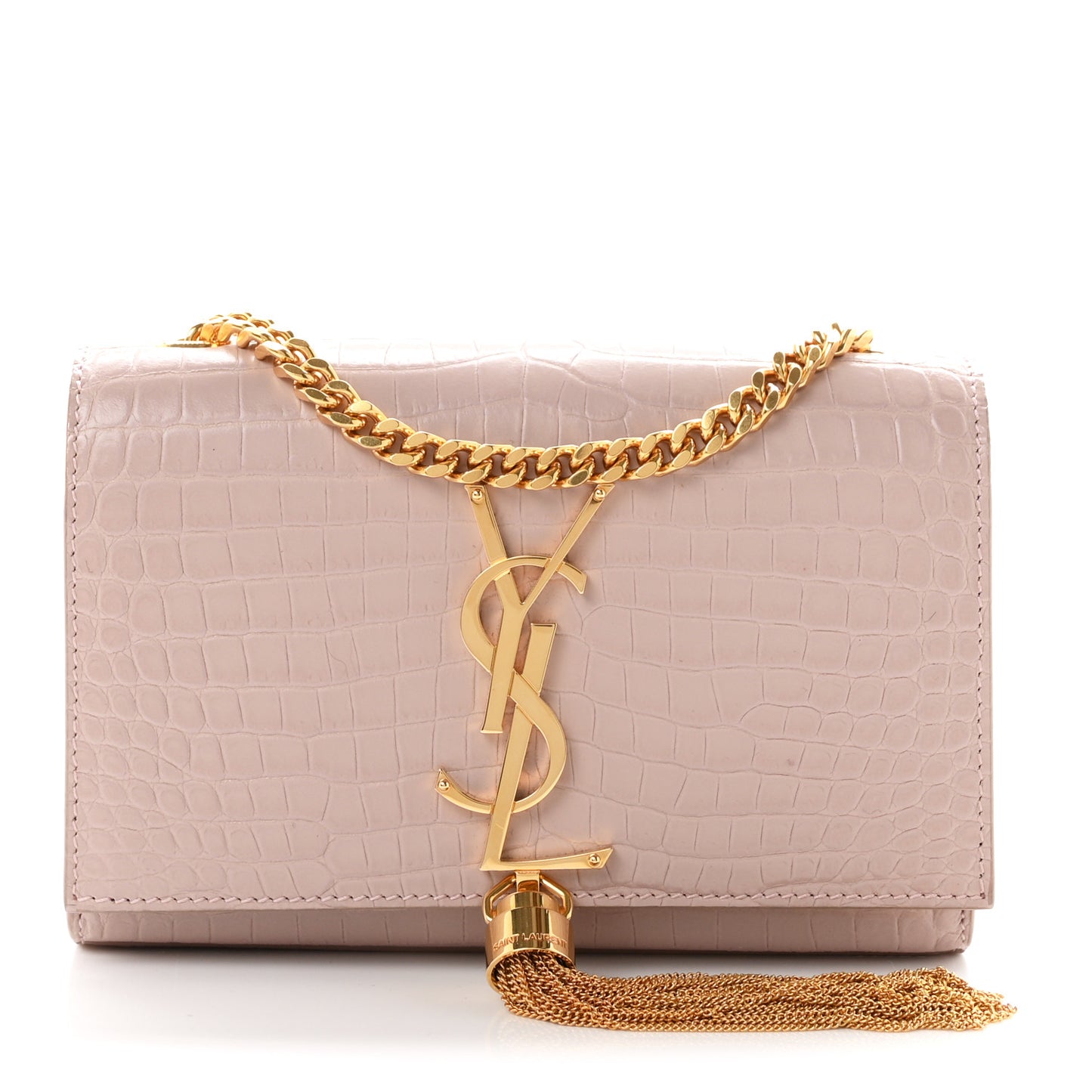 Calfskin Crocodile Embossed Small Classic Monogram Kate Tassel Satchel Light Pink