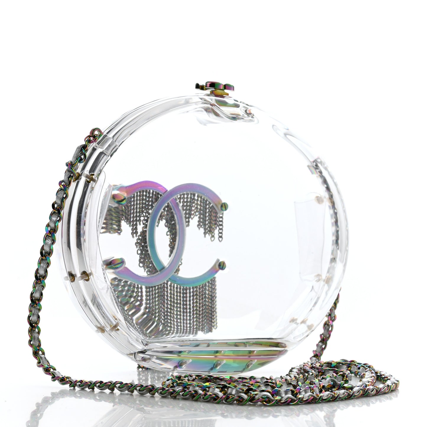 Plexiglass Iridescent Chain Fringe CC Clutch Clear