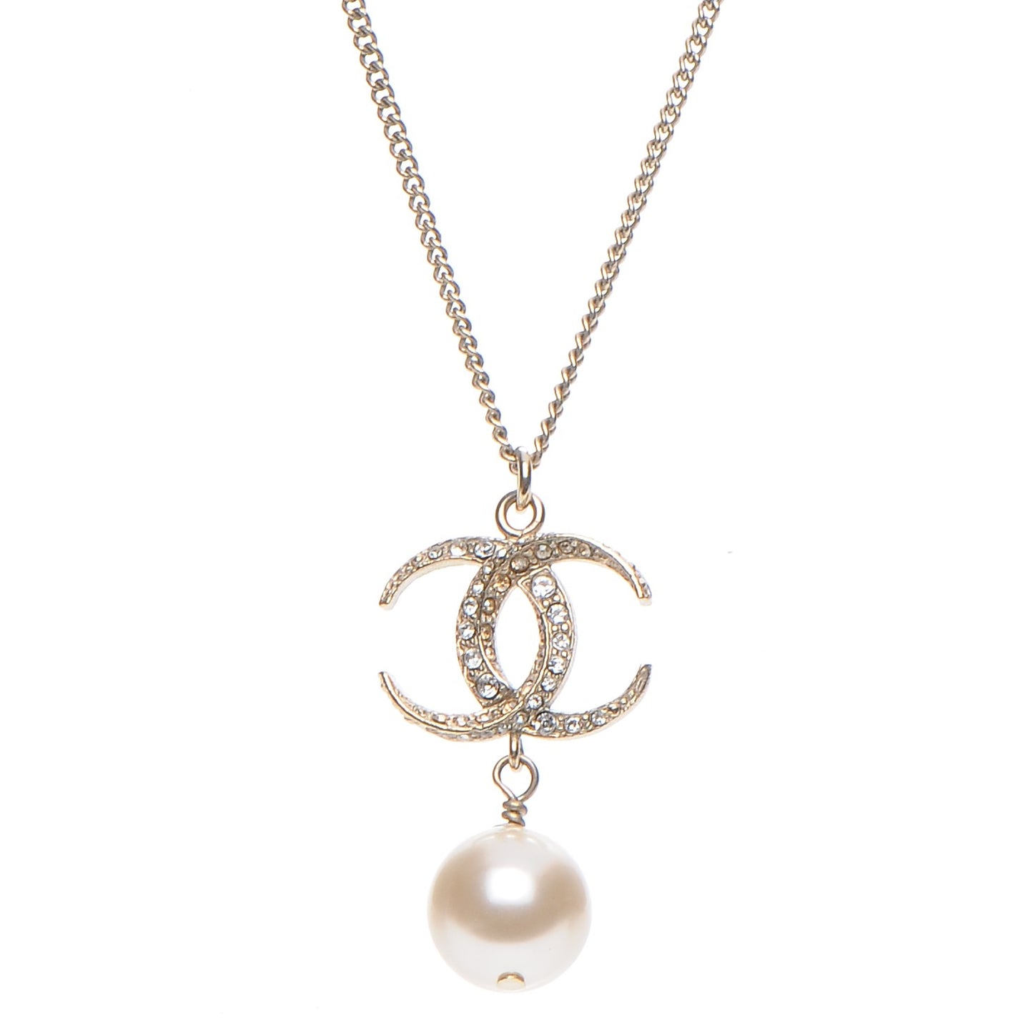 Pearl Crystal CC Drop Necklace Gold