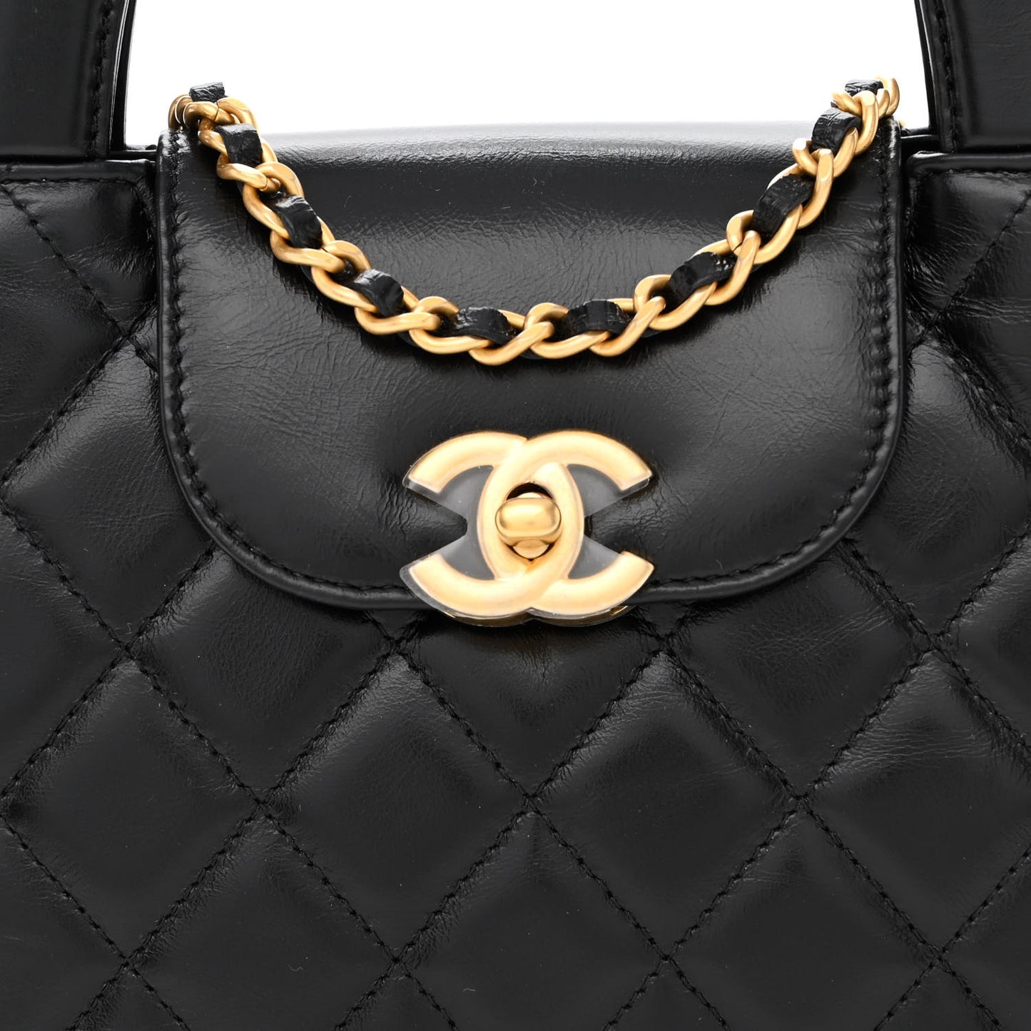 Shiny Aged Calfskin Quilted Nano Kelly Shopper Black