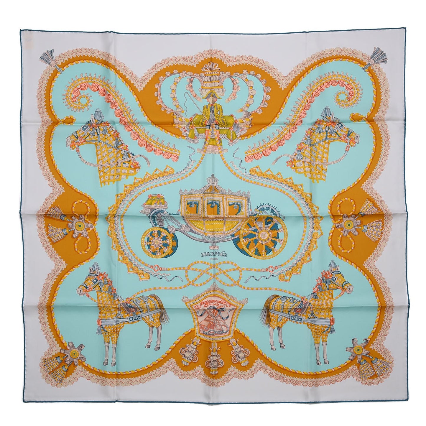 Silk Paperoles Scarf 90 Aqua Blanc Vieil Or