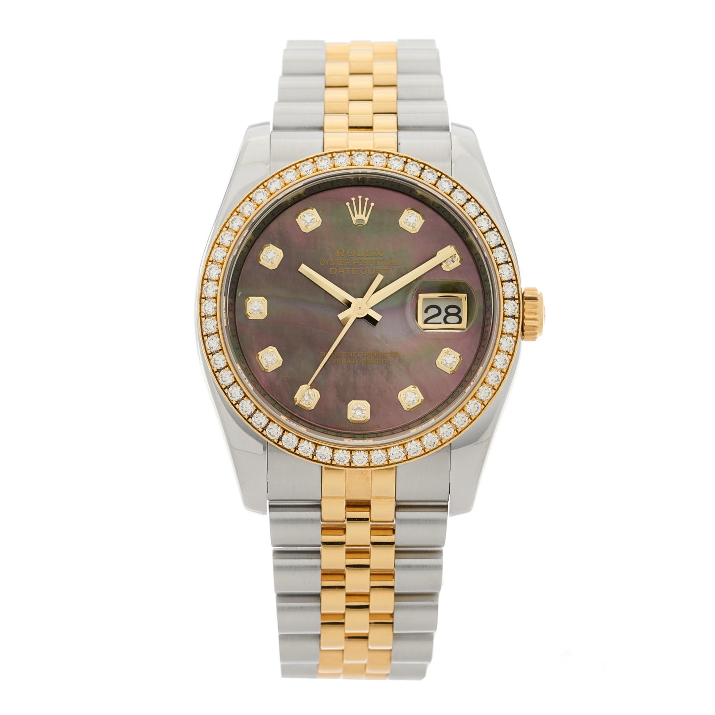 Stainless Steel 18K Yellow Gold Diamond Black Mother of Pearl 36mm Oyster Perpetual Datejust Watch 116243