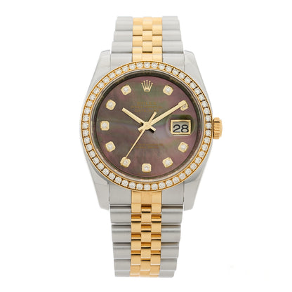 Rolex Stainless Steel 18K Yellow Gold Diamond Black Mother of Pearl 36mm Oyster Perpetual Datejust Watch 116243 1 of 5