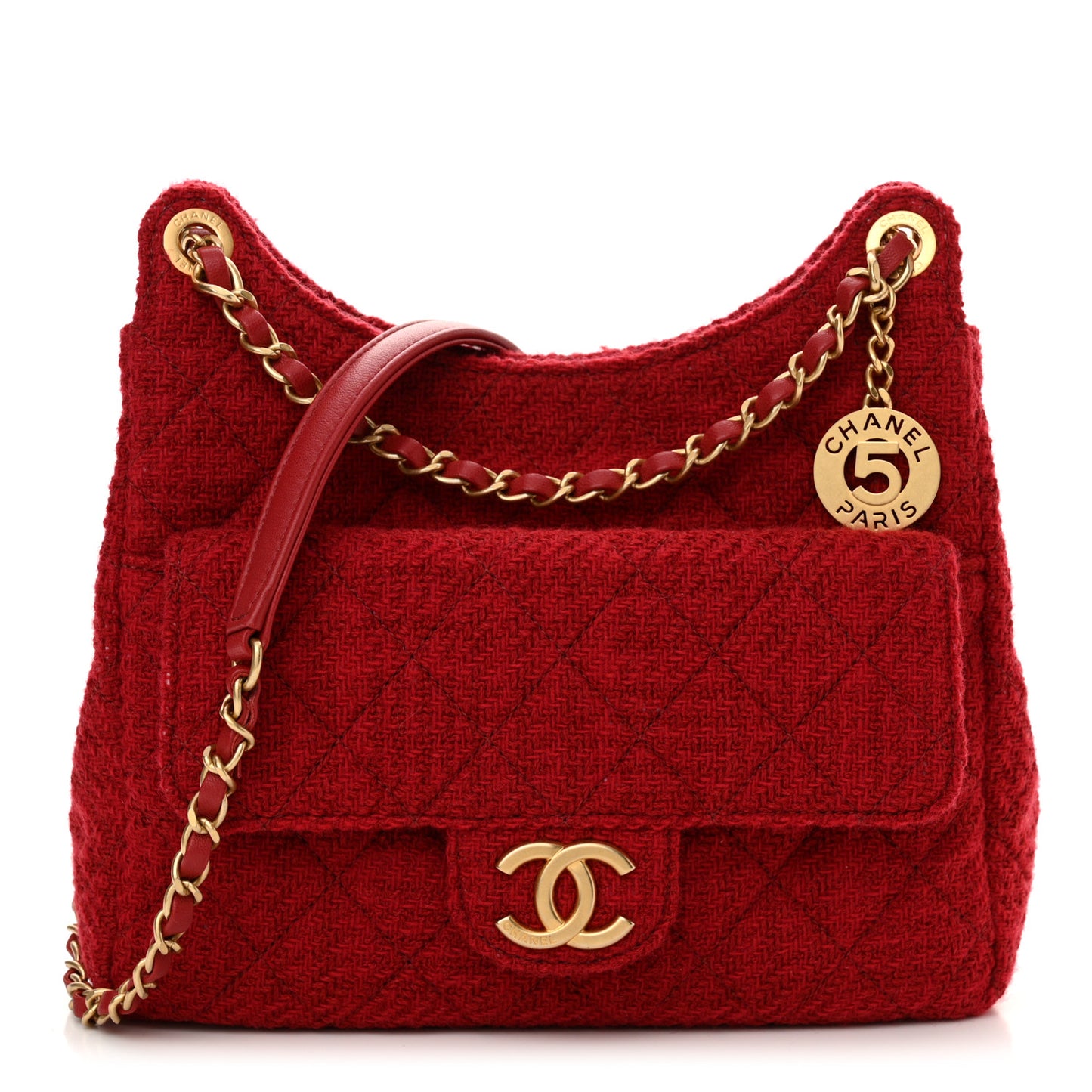 Tweed Quilted Small Wavy CC Hobo Red