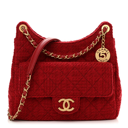 Chanel Tweed Quilted Small Wavy CC Hobo Red 1 of 10