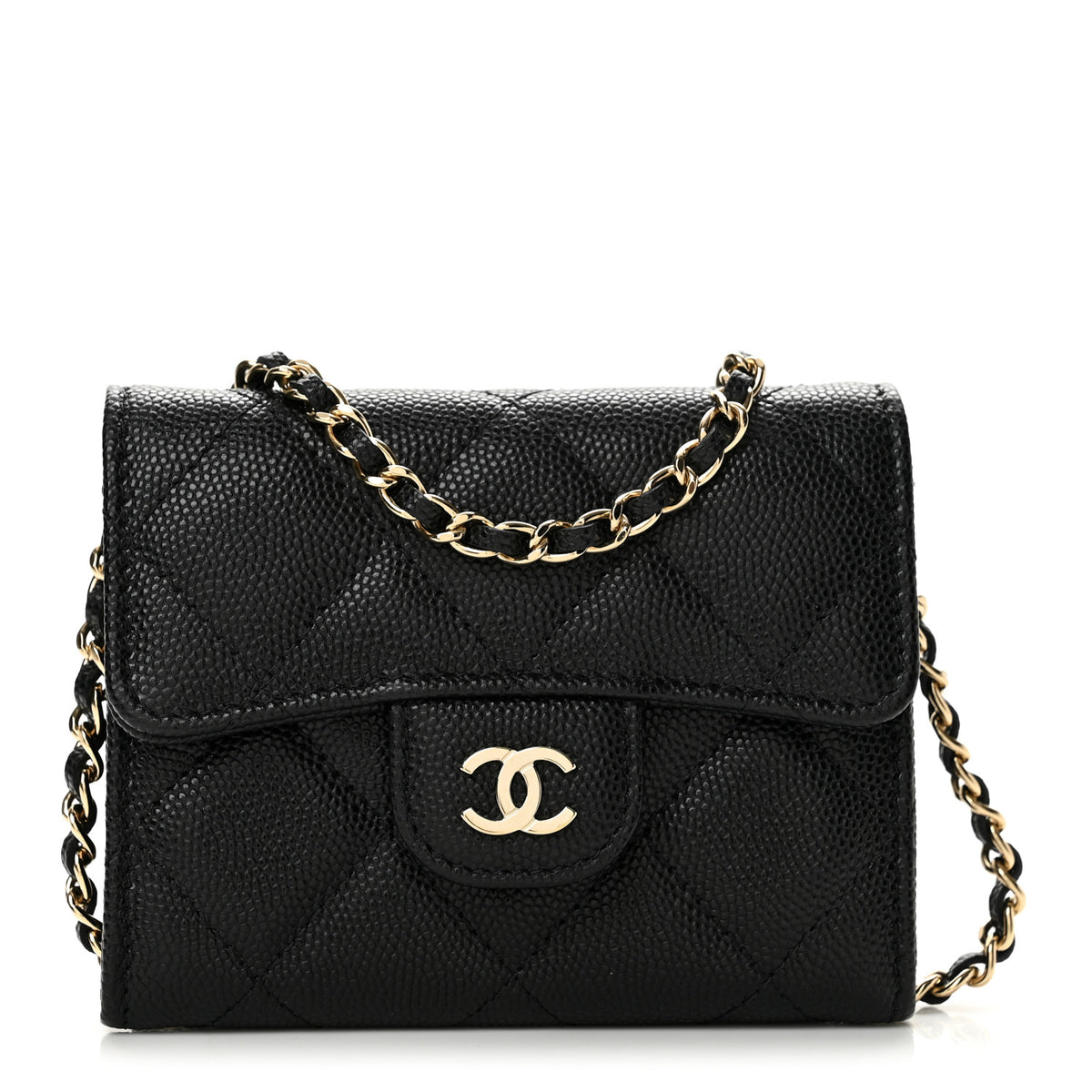 Caviar Quilted Flap Card Holder On Chain Black