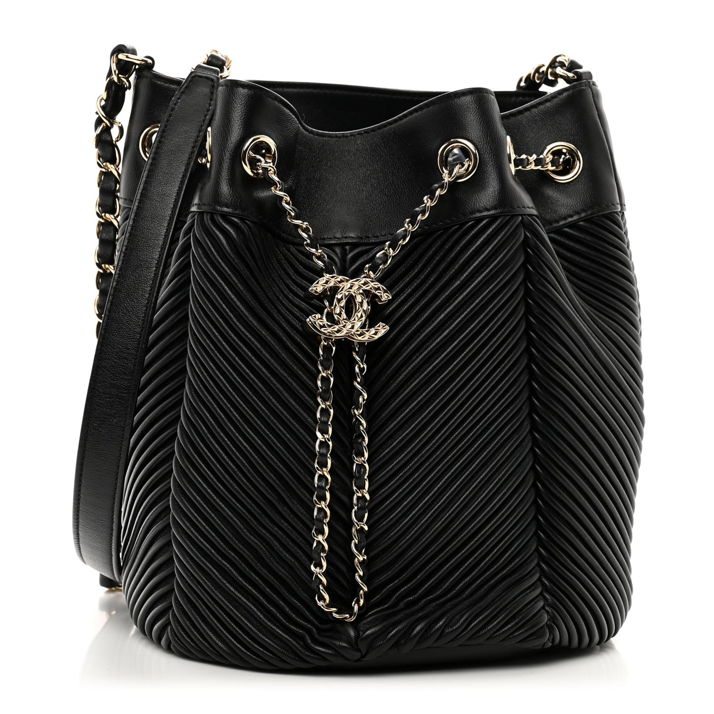 Lambskin Chevron Drawstring Bag Black