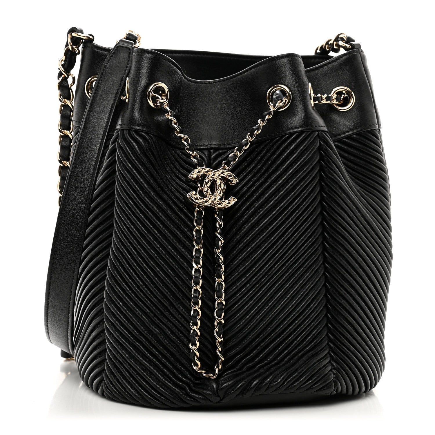 Chanel Lambskin Chevron Drawstring Bag Black 1 of 10